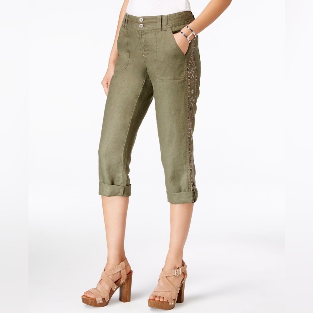 International Concepts Women 100%Linen Embroidered Crop Pants Olive Green Sz 4
